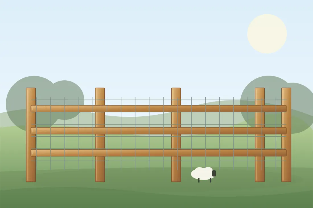 Illustrated agricultural fence installation showing the relevant posts, panels and fencing layout in a landscaped UK setting