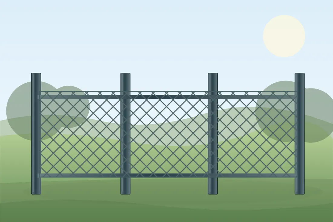 Illustrated chain-link fence installation showing the relevant posts, panels and fencing layout in a landscaped UK setting