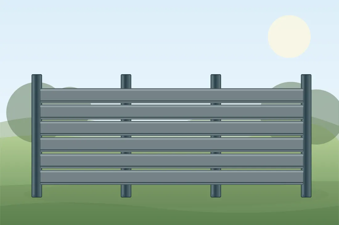 Illustrated composite fence installation showing the relevant posts, panels and fencing layout in a landscaped UK setting
