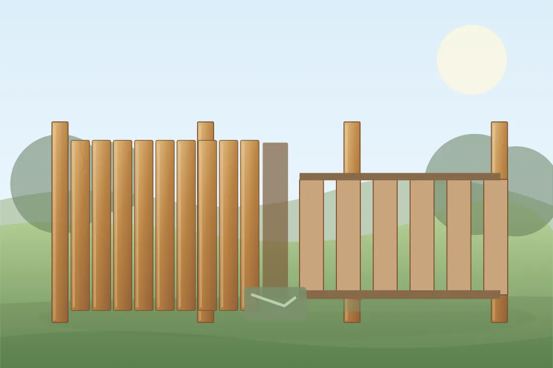 Illustrated fence removal and replacement showing the relevant posts, panels and fencing layout in a landscaped UK setting