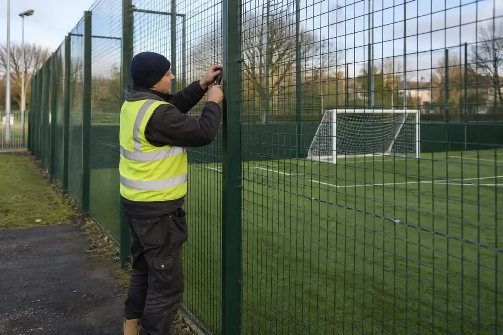 Contractor installing tall welded mesh security fencing at a UK sports pitch