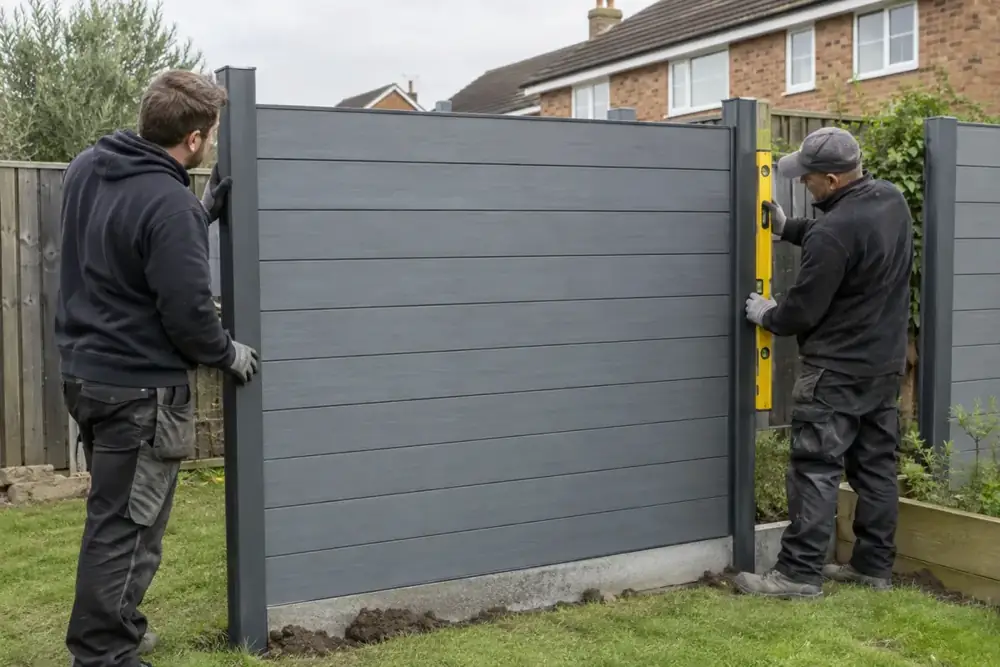 Two fencing contractors aligning a grey composite-style fence panel with posts in a British garden